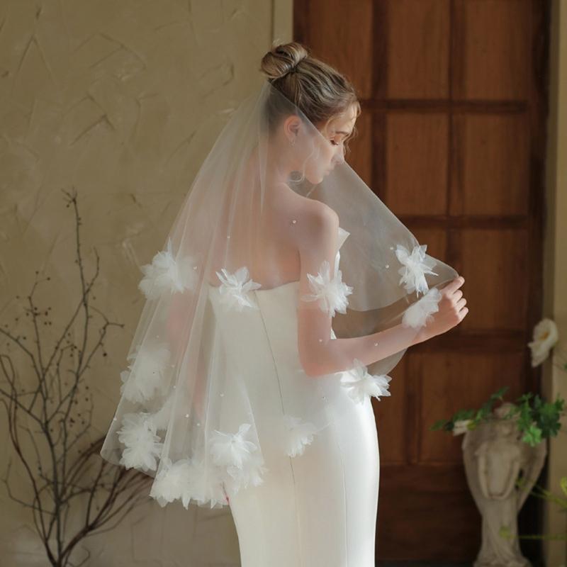 Flower Beaded Veil Wedding Veil Bridal Shower Headwear Photoshooting Accessory