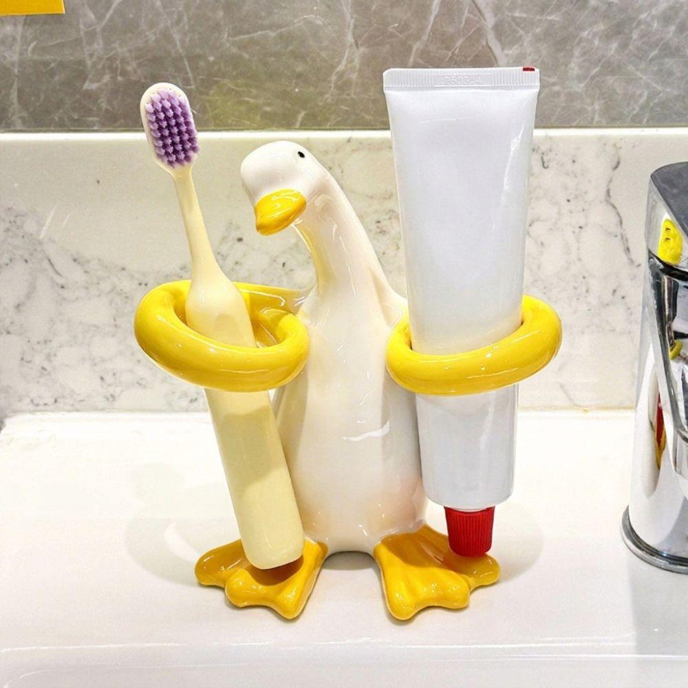 Duck-Shaped Toothpaste Toothbrush Rack Ceramic Makeup Brush Shelf Home Decor