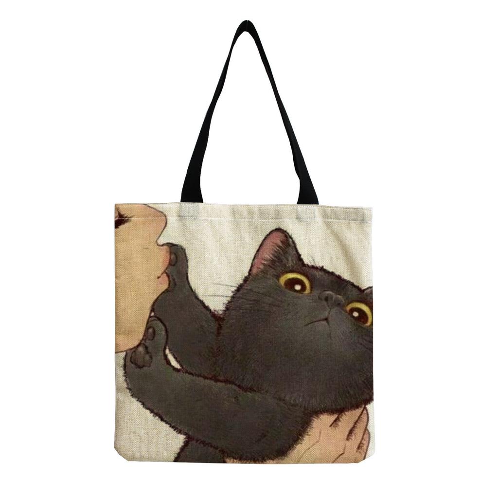 Damen Vintage Leinen-Tragetasche - Große Kapazität Katzen-Print Schulter-Handtasche für Freizeit & Lebensmitteleinkauf KTB