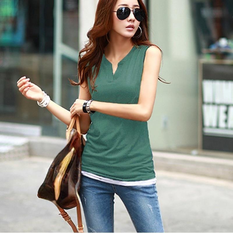 Canottiera Sexy Estiva 2023 da Donna Scollo a V Senza Maniche T-shirt Casual Coreana da Donna Cotone Maglietta Base Slim Abbigliamento Elegante 25826