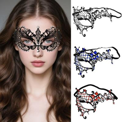 Venetian Halloween Half Face Mask Vintage Elastic Bands Black Lace Metal Mask Hollowed-out Handmade Masquerade Princess Mask