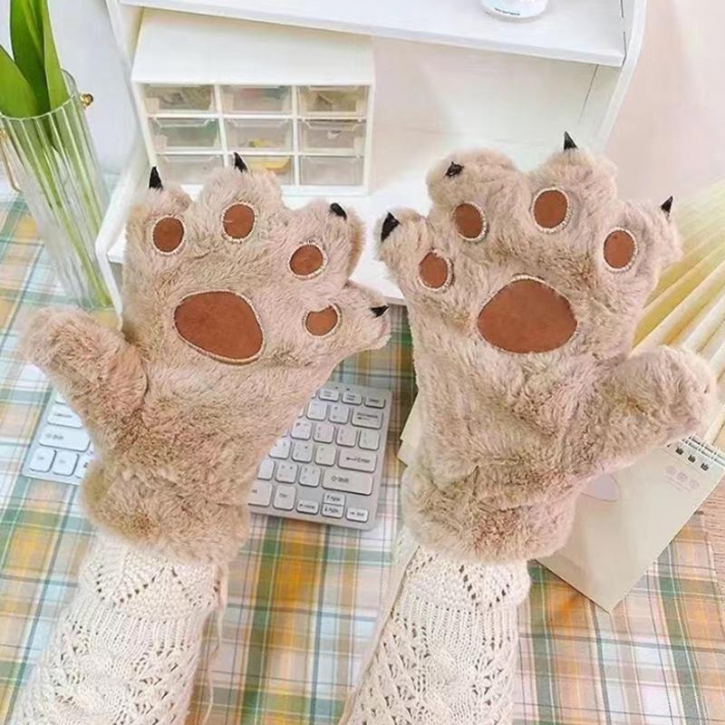 1 Pair Winter Women Bear Palm Paw Plush Gloves Lovers Plushclaw Glove Fluffy Cat Paw Full Finger Gloves Contains Plush Inside
