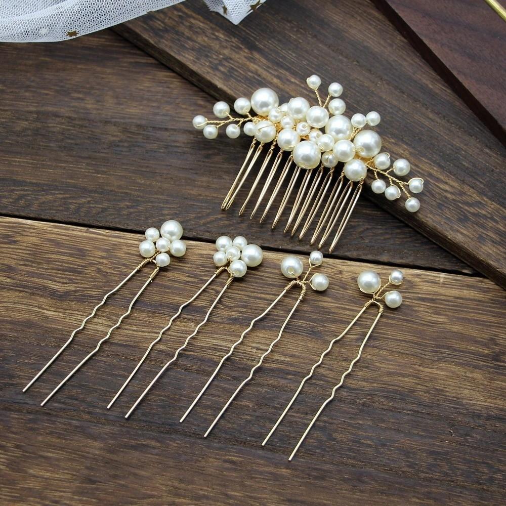 Gold Pearl Hair Comb Flower Wedding Headwear Luxury Hair Fork Headpiece