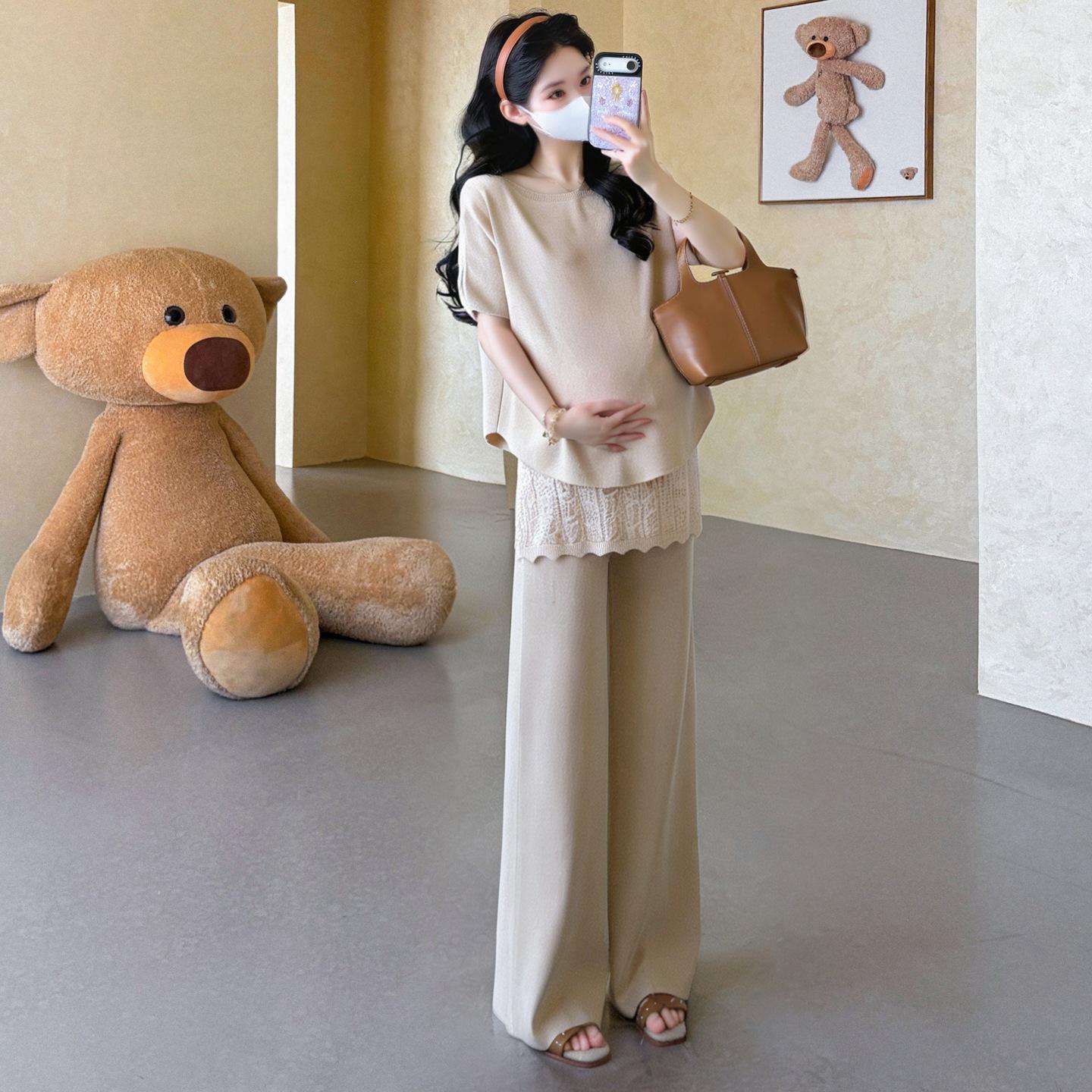 2026 Fashionable Maternity Summer Set: Knit Slimming Top & Lace Trousers Two-Piece XL