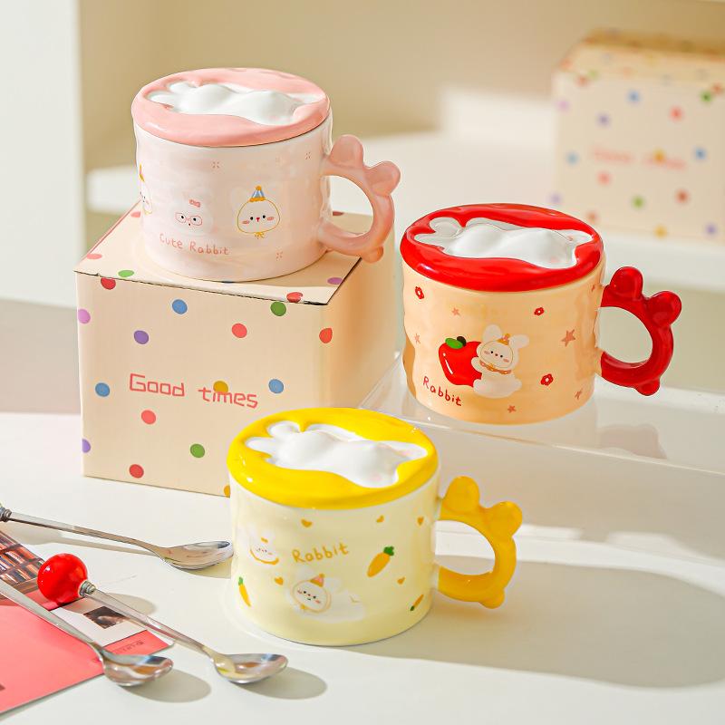 Little Rabbit Cartoon Lid Ceramic Cup Girls High Temperature Resistant Mug Cute Creative Water Cup Office Small Gift Cup