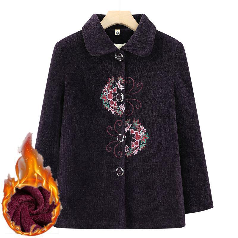 Elegant Embroidered Wool Coat for Elderly Women - Autumn/Winter Fashion with Velvet Lining