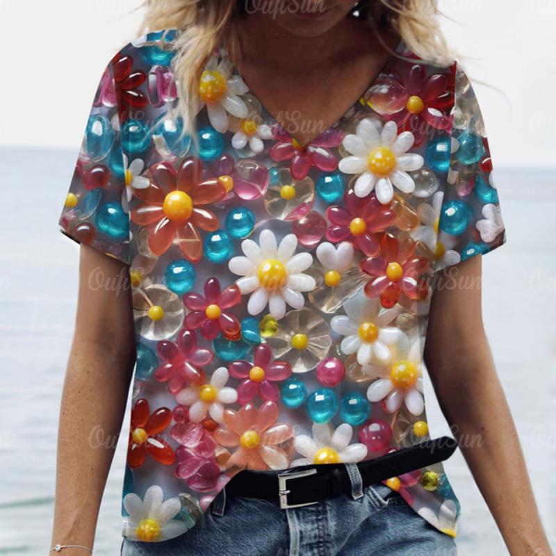 

2025 Женская футболка Летняя 3D Цветочная футболка Женская одежда больших размеров Дизайнерская рубашка с коротким рукавом Женская блузка с V-образным вырезом 7XL