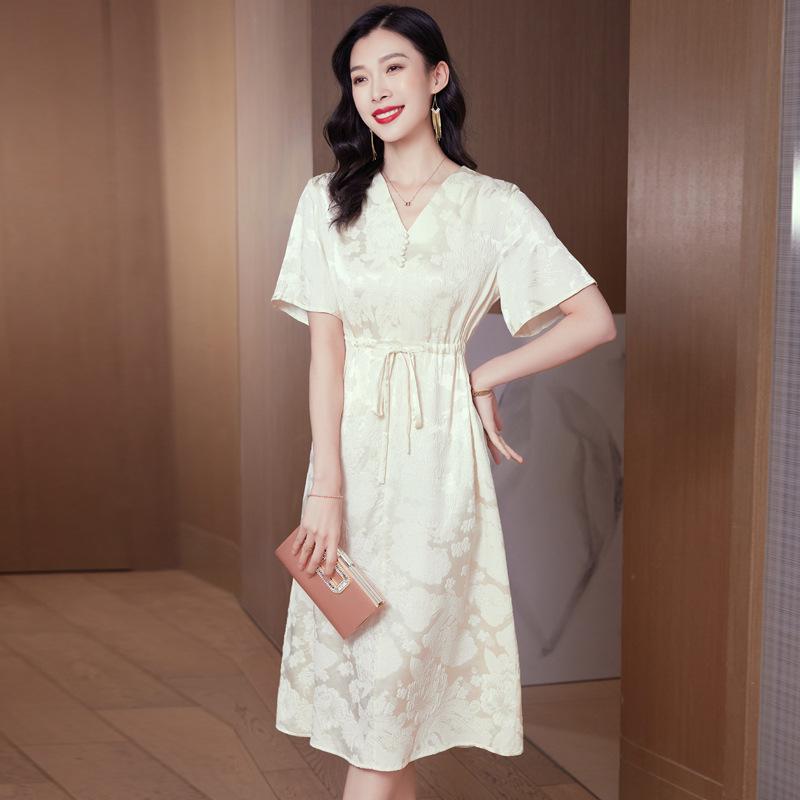 Silk dress mmi  women's v-neck jacquard mulberry silk skirt