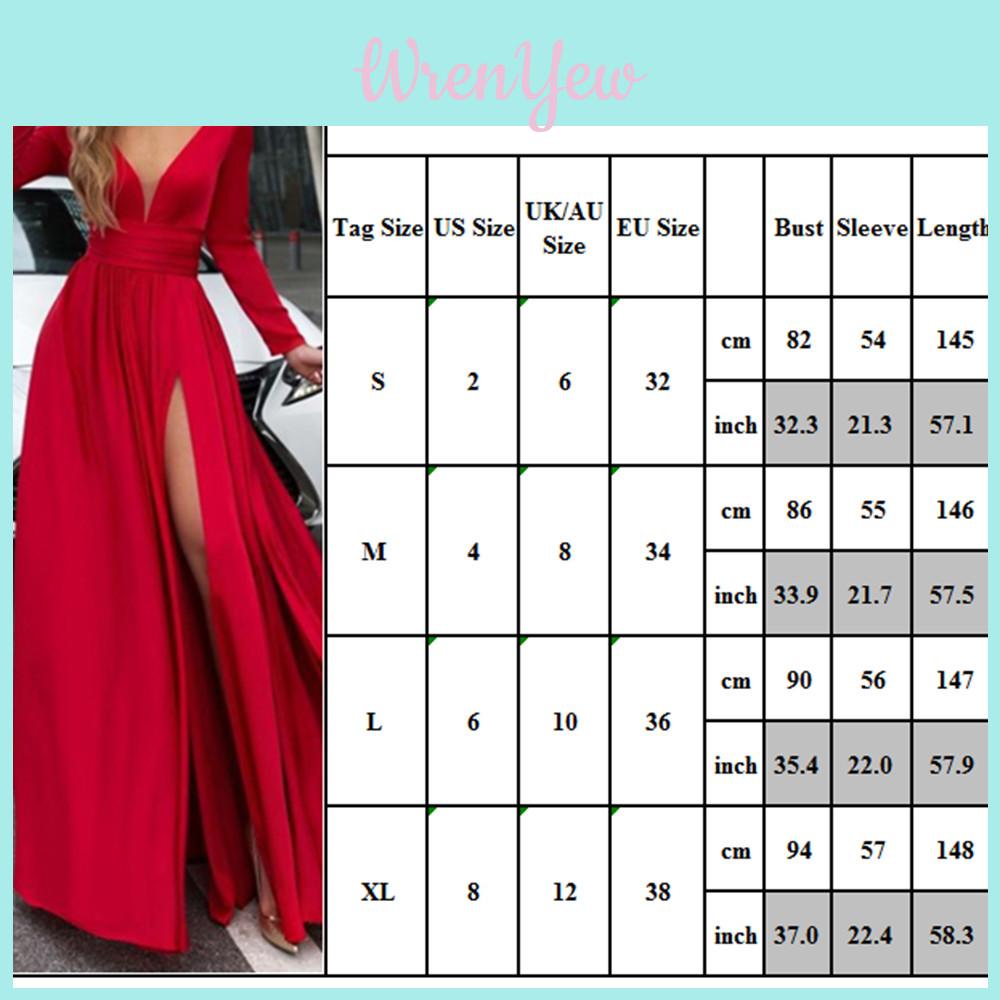 Women Deep V Neck Long Sleeve Slit Prom Gown Dress Elegant Bridesmaid Evening Maxi Dress