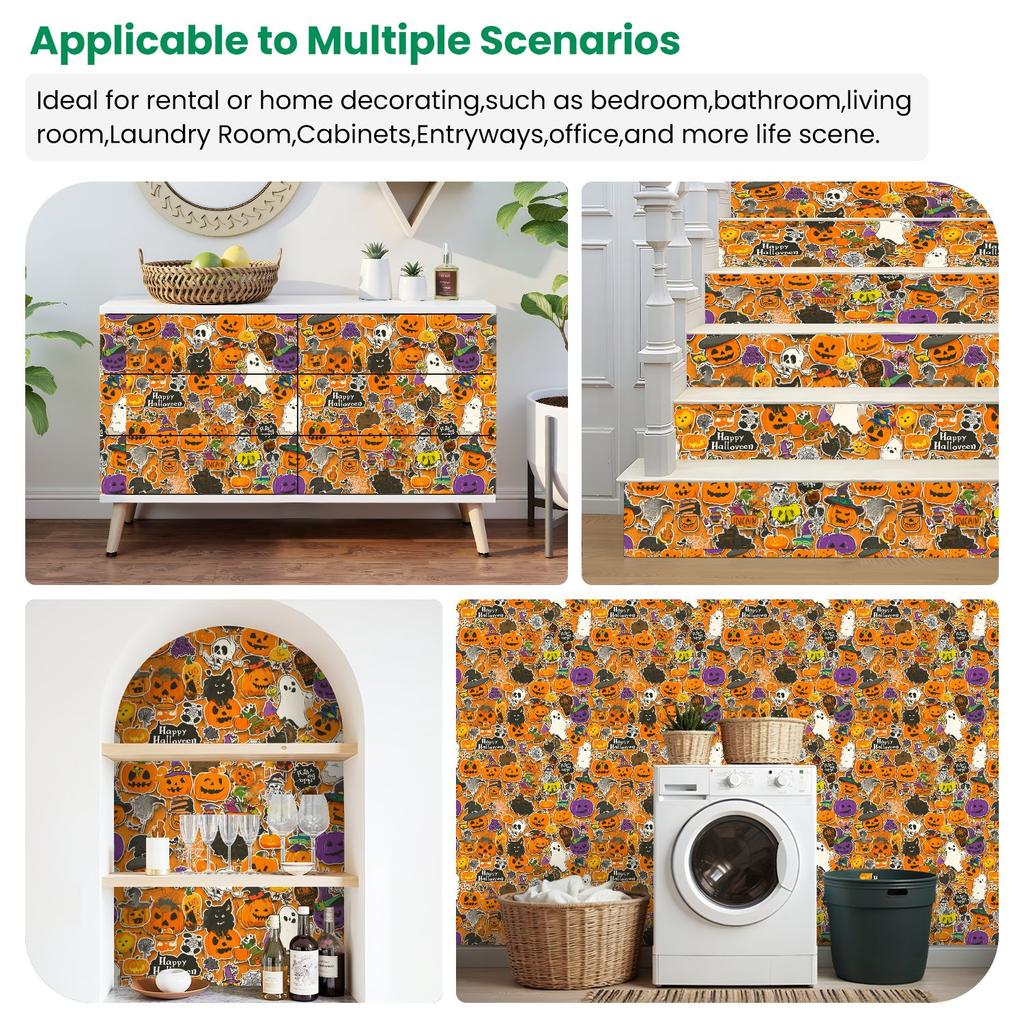 Halloween Sticker Collage Wallpaper 22.83"X118" Waterproof Wallpaper for Living Room/Bedroom/Bathroom PVC Wall Sticker