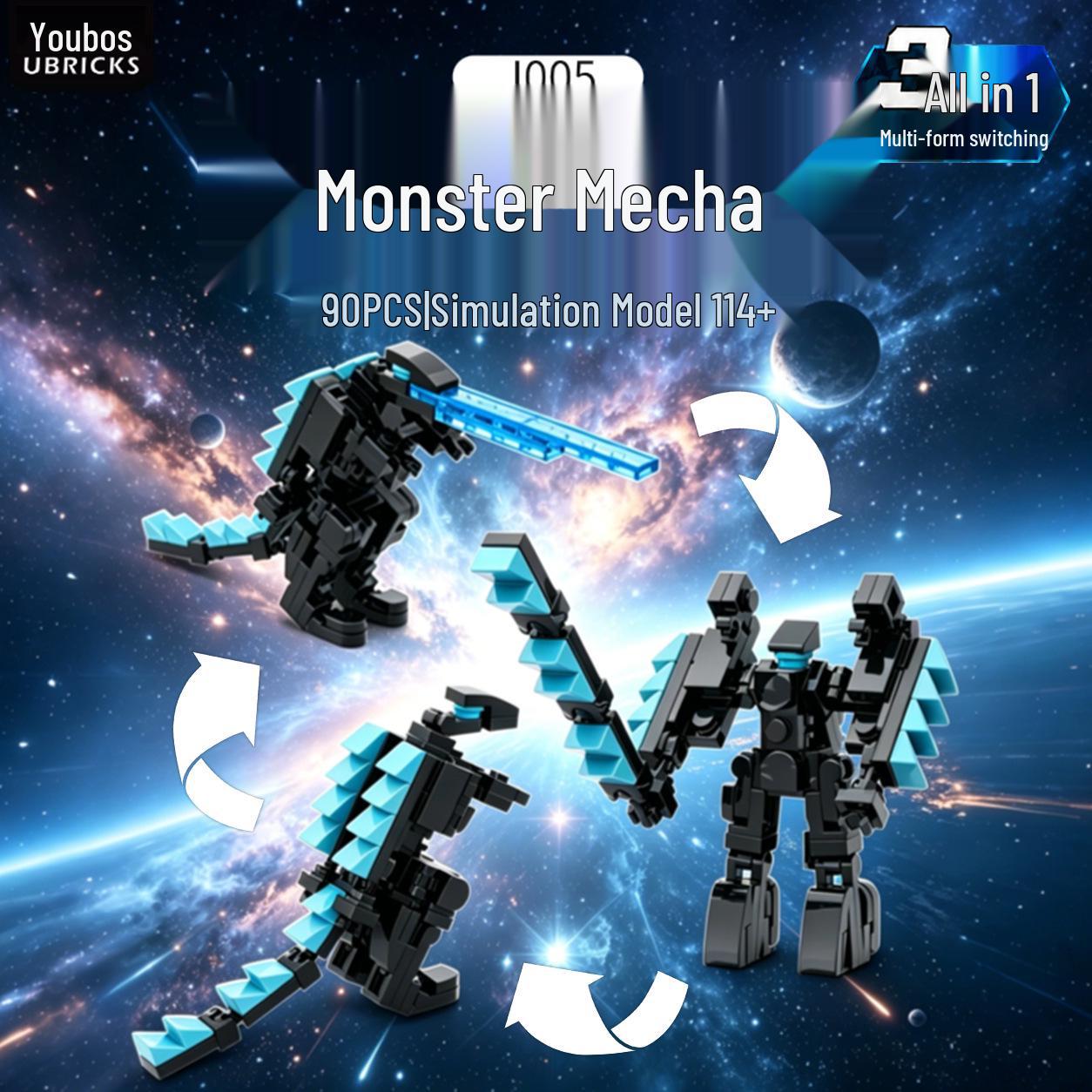 Three-in-One Mecha Dinosaur Building Blocks - Educational Toy with Movable Joints Monster Mecha