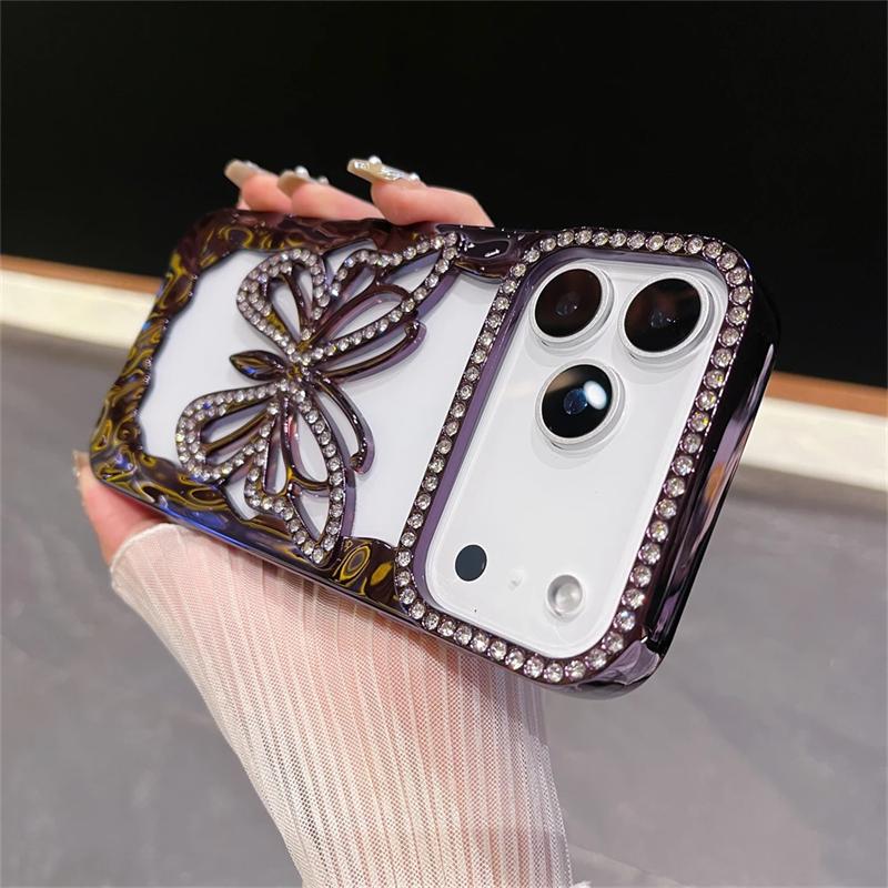 Luxury TPU Plating Diamond Butterfly Phone Case For iPhone 17 16 15 14 13 12 11 Pro Max Plus Shockproof Hollow Out Hard Cover