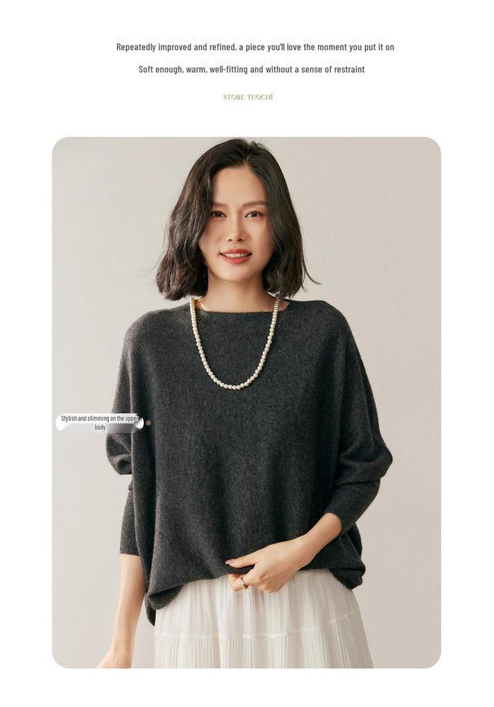 Women's Cashmere Batwing Sleeve Sweater - Autumn/Winter Solid Color Slimming Knit Pullover