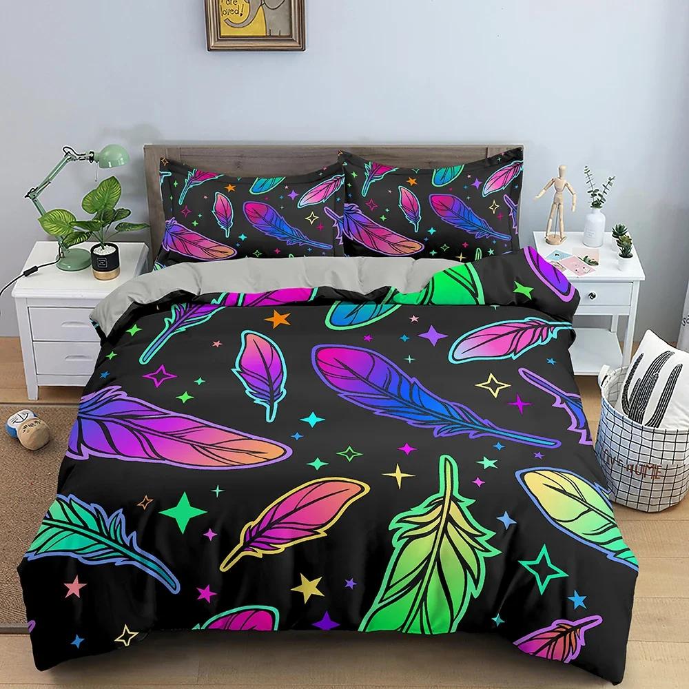 Colorful Feathers Pattern Cozy Bedding Set Single Twin Double Queen King Cal King Size Bed Linen Set
