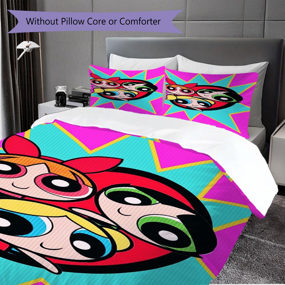 Cartoon Powerpuff Girls print children's duvet cover set, soft and skin-friendly, available in multiple sizes, bedroom bedding.