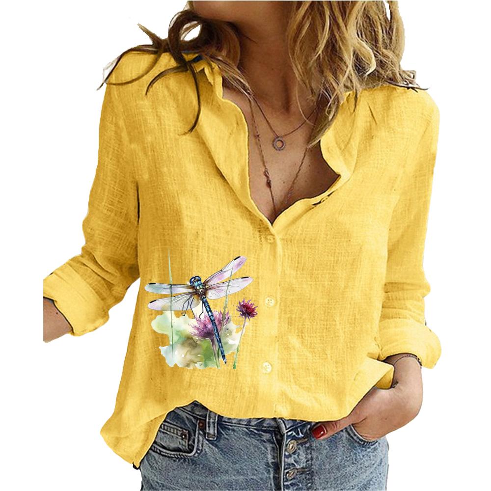 

Женская мода Хлопково-льняная рубашка Лето/осень Топ с длинным рукавом Женские блузки с принтом 5XL жёлтый