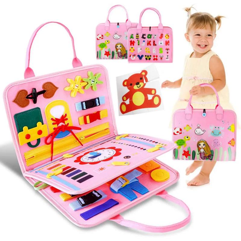 2 Pages Children Montessori Dressing Early Educational Busy Board Toddlers Sensory Toy Travel Activities for Boys Girls Gift Toy