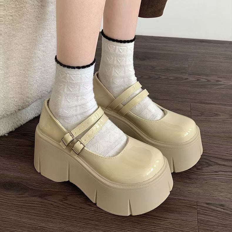 White High-heeled Small Leather Shoes, New French New Shoes In Autumn, Retro Thick-soled Heightened Japanese Muffin Single Shoes