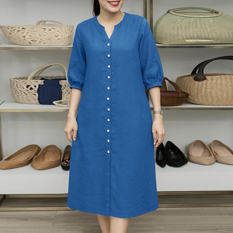 

ZANZEA Жіноча повсякденна сукня з V-подібним вирізом, однотонна, вільного крою, з рукавами 3/4 L темно-синього кольору