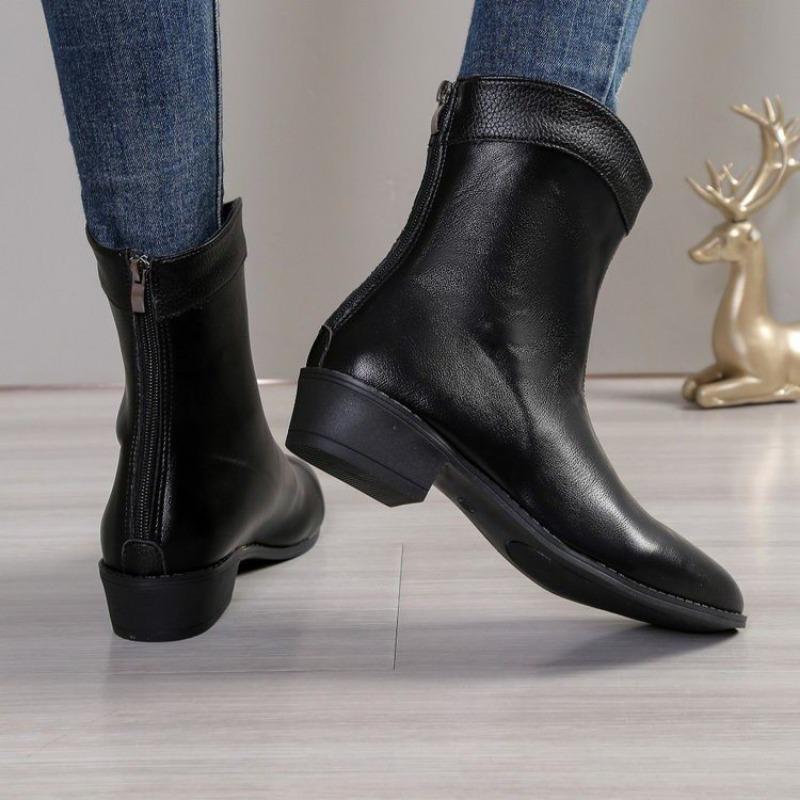 Coarse Heel Pointed Martin Boots Women's Autumn and Winter New Large Size Rear Zipper Middle Heel Short Boots