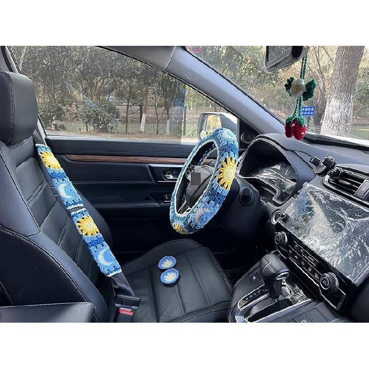 Handmade Crochet Sun and Moon Car Steering Wheel Covers Universal 14-15 inch for Women and Men (Steering Wheel Cover)