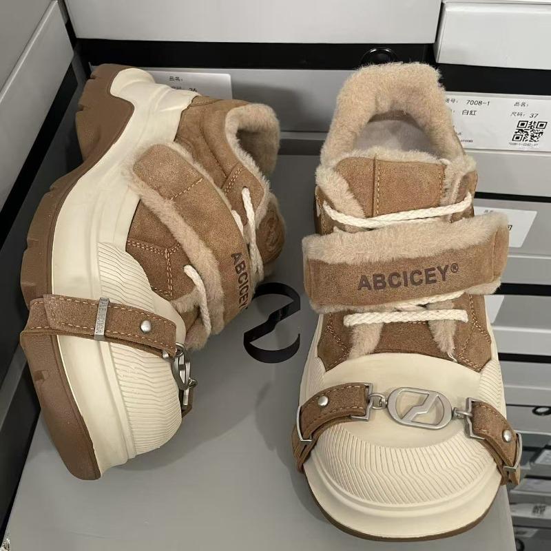 Women's Snow Boots Winter Thick-soled Heightening Fluffy Canvas Shoes Thickened Warm Wool Women's Cotton Shoes Zapatillas Mujer