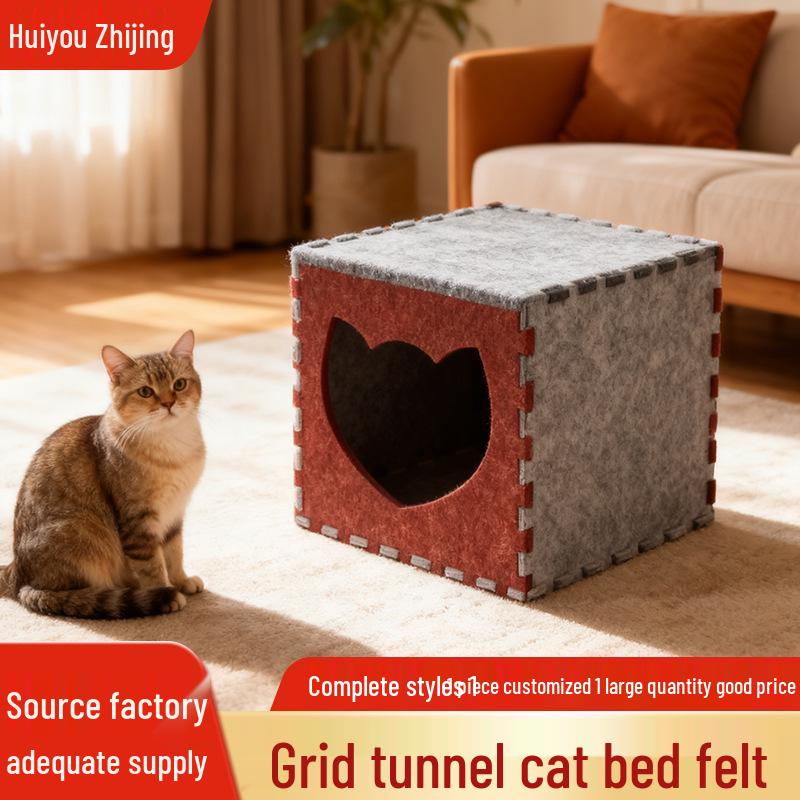 

Felt Cat Bed & Scratch Board: DIY Assembly Tunnel, Detachable Semi-Enclosed All-Season Dice-Shaped Bed Thick Felt Cat Bed