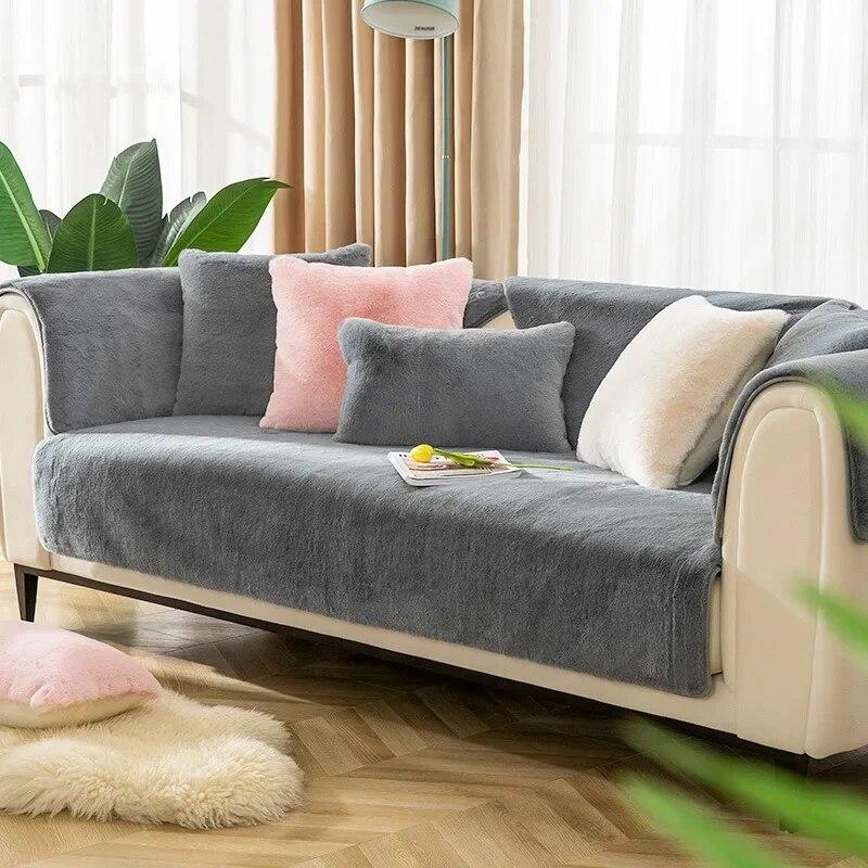 New Rabbit Plush Sofa Cushion Winter Style Anti-skid Thickened Sofa Cover Simple Modern Winter Light Luxury Style Cushion Cover