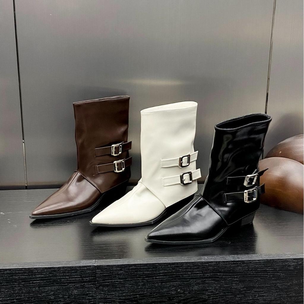 2025 autumn new pointed belt buckle decorative low tube side zipper Martin fashion women's short boots Chelsea boots