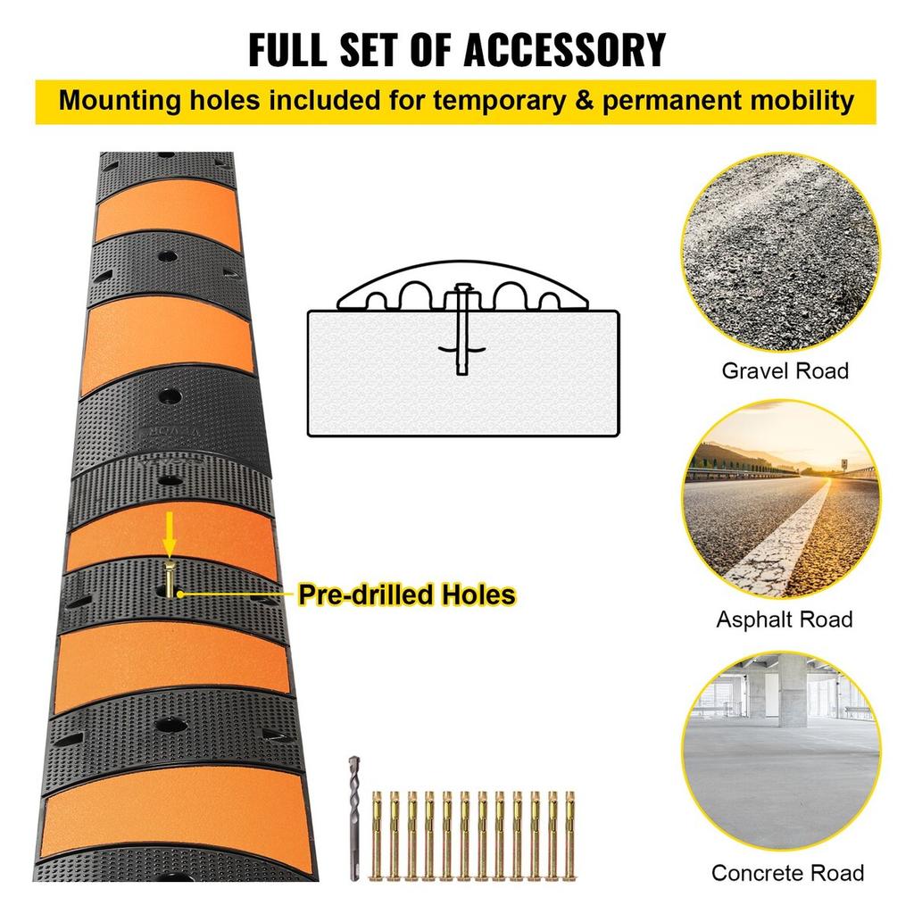 Rubber Speed Control Hump, Dual Channel, 2 Units, 72.8" Length, Supports Up to 22000 LBS, Dimensions 72.8 x 12.2 x 2.2, Suitable for Asphalt,