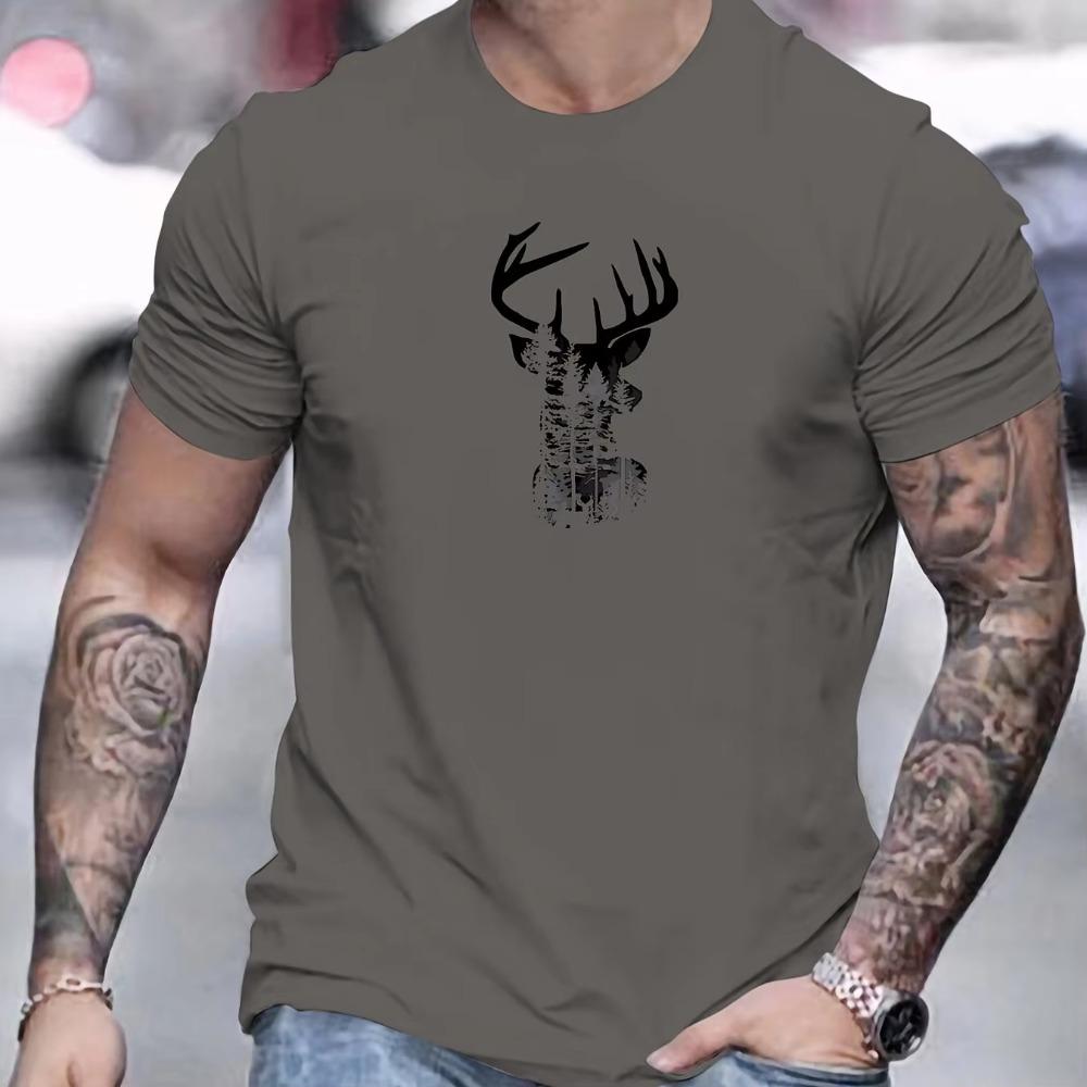 Men's Summer 100%  Fashionable Casual Loose Sports Deer Head Pattern Printed Round Neck Short Sleeved T-shirt Top
