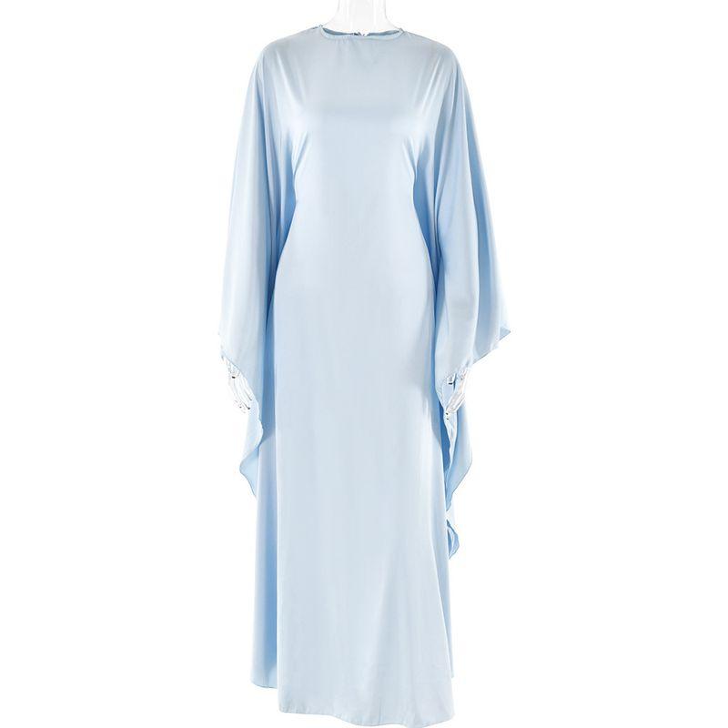 

round Neck Satin Batwing Sleeve Loose Dress Catwalk Fashion Long dress Spring round Neck Satin Dress Light blue All yards