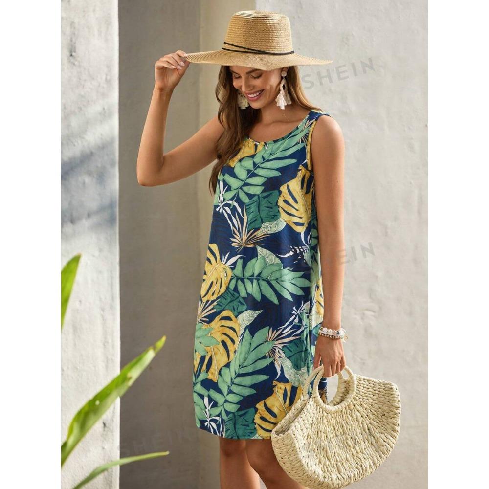 

Women s Sleeveless Mini Dress Tropical Leaf Print Crew Neck Loose Casual Spring Summer Beach Vacation A-line Short Dresses S