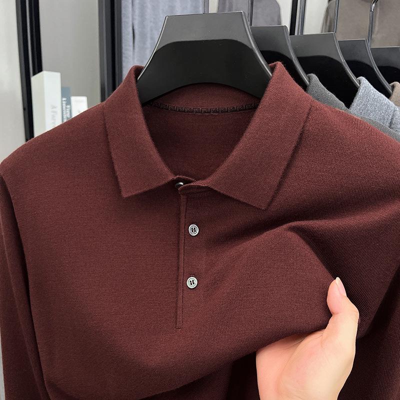 Men's Wool Silk Lapel Sweater, Solid Color, Versatile Thin Knitwear, Fashionable for All Ages.