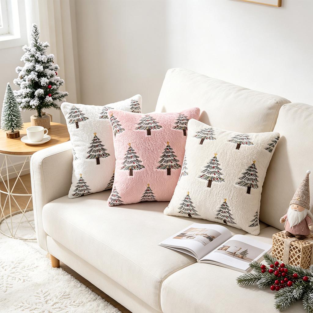 Christmas Embroidered Cover with Lights Pattern, 45 Cm Square Throw Case for Holiday Home Decor