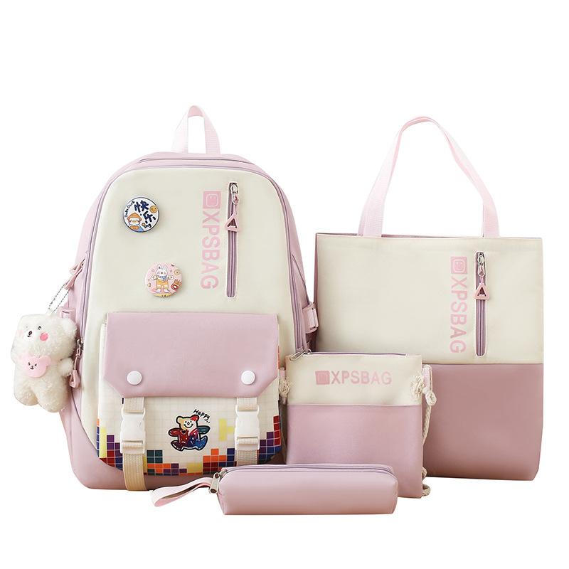 School Bag Campus Backpack Four-piece Contrasting Color New Primary School School Bag Female Large-capacity Junior High School Backpack