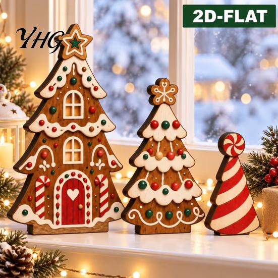 Festive Gingerbread House Decorations 3 Pcs Wooden Christmas Tree Tabletop Sign, 2D Flat Shaped Holiday Tiered Tray Decor Block Farmhouse Centerpiece