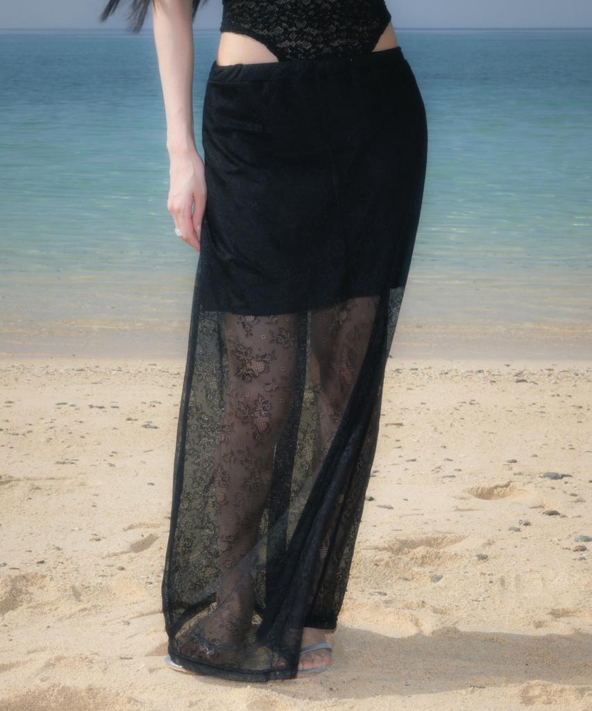 Rose Franz Lace Lowrise Long Skirt [Black]
