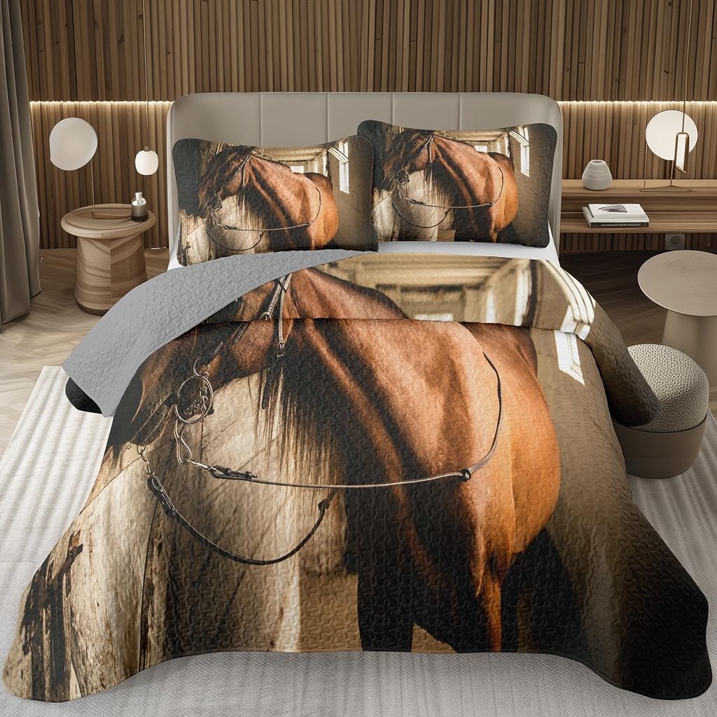 Wild Horse Bedspread Queen/Full Galloping Horse Pattern Quilted Bedding Set Farm Animal Coverlet Set Reversible Rustic Bed Cover