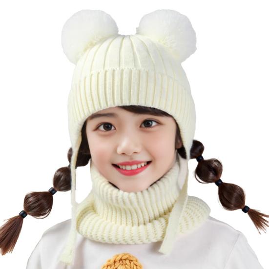 2Pcs/Set Children Winter Hat Scarf Set Plush Ball Decor Solid Color Plush Lining Knitting Hat Warm Neckerchief Set