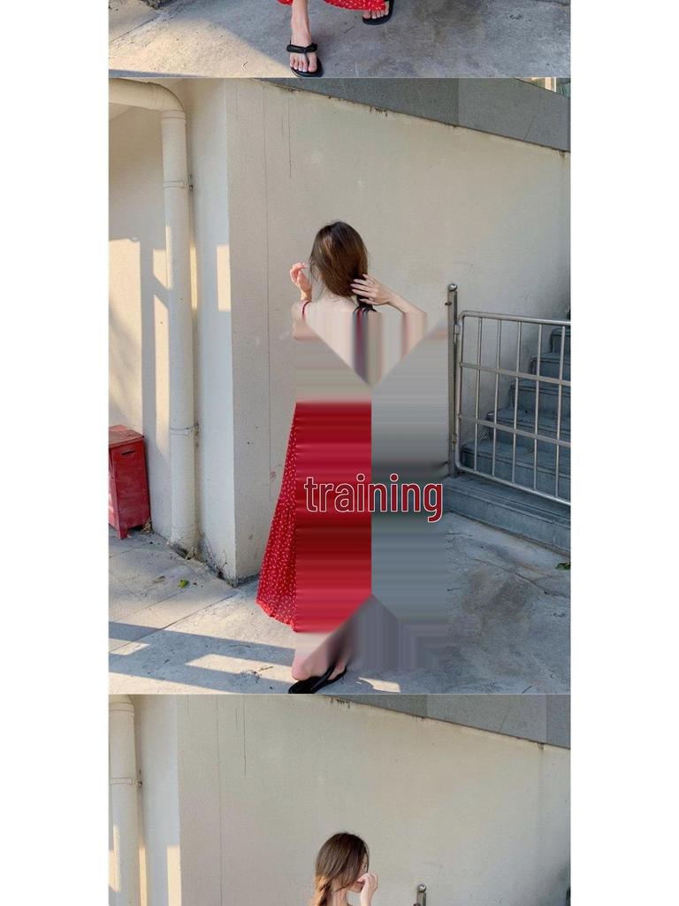 Spring 2025 French Floral Red A-line Spaghetti Strap Dress for Women