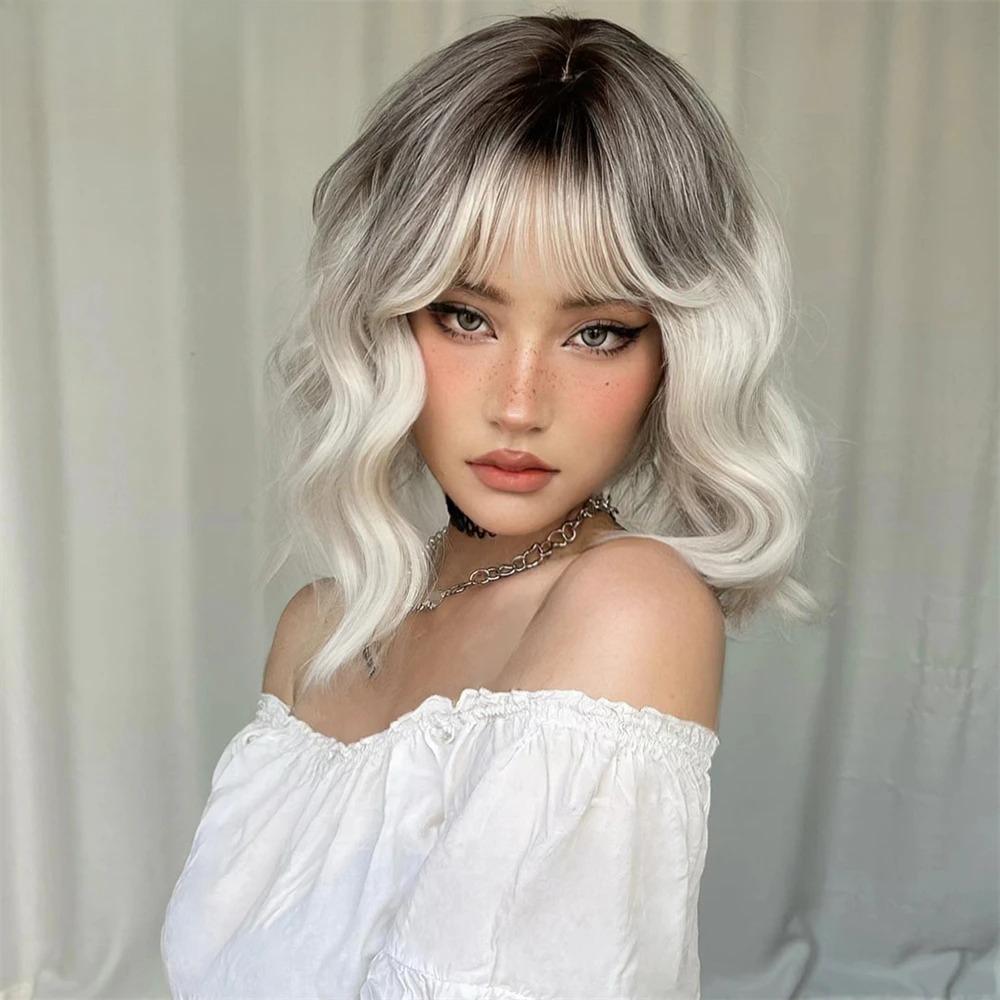 Blonde Short Wavy Cosplay Lolita Wigs with Bangs Light Platinum Bob Synthetic Hair Wigs for Women Heat Resistant