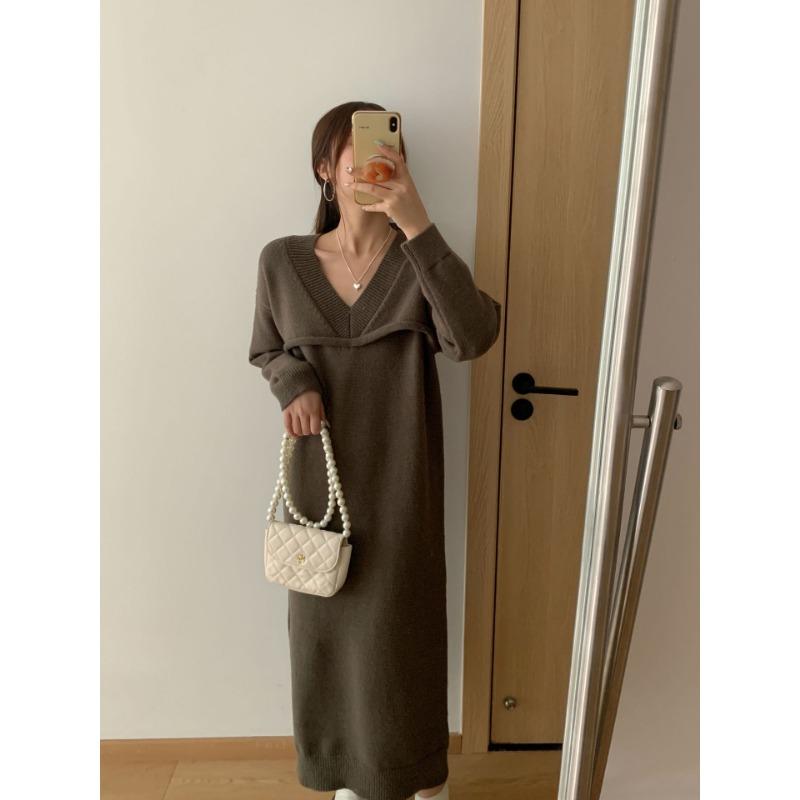 Retro long fake two-piece sweater long-sleeved dress loose and lazy style thin versatile pullover sweater women