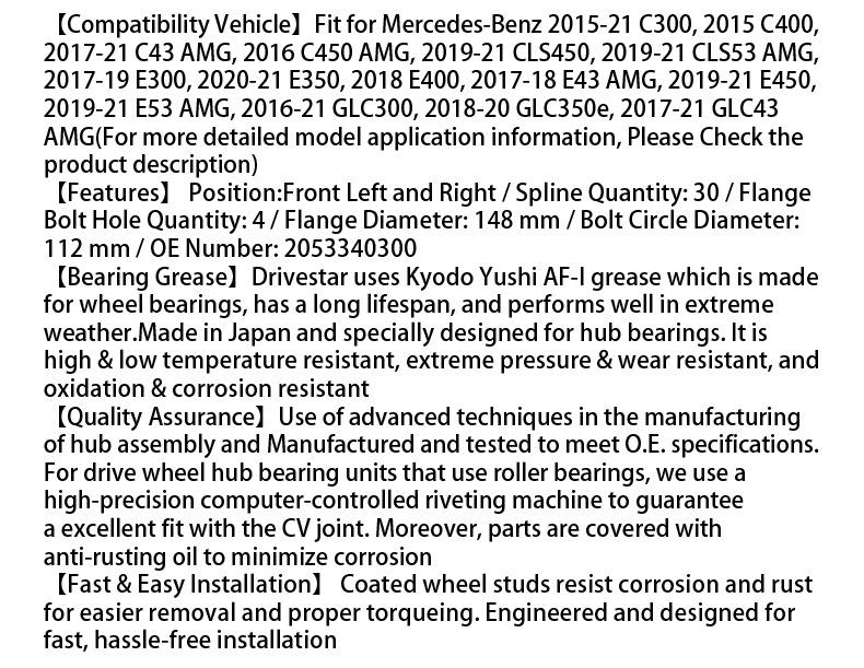 Compatible Front Wheel Hub & Bearing for Mercedes-Benz 2053340300