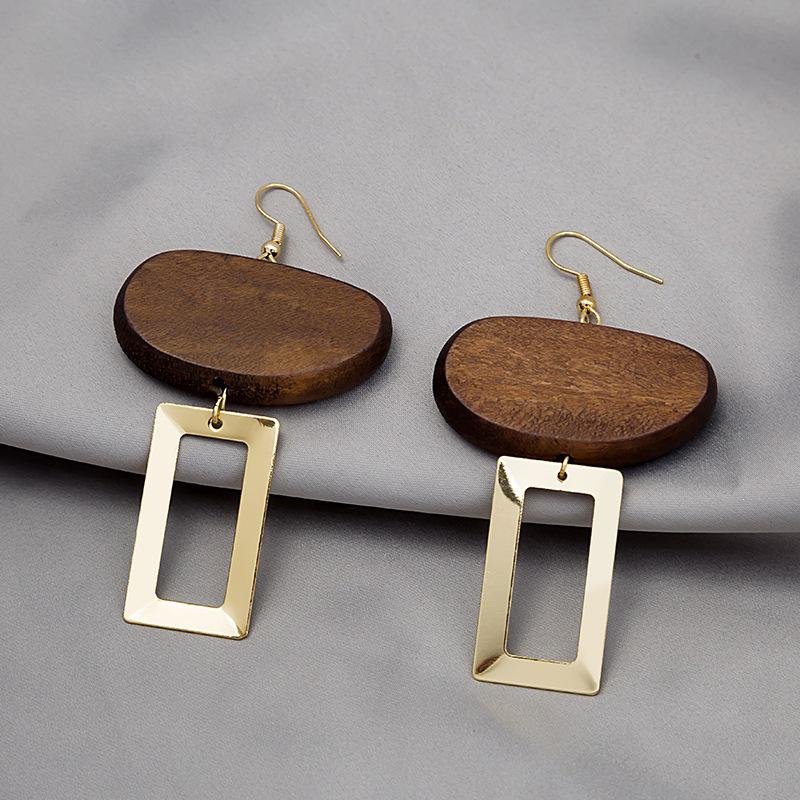 Retro Geometric Wood Drop Earrings - Exaggerated Bohemian Style for Women