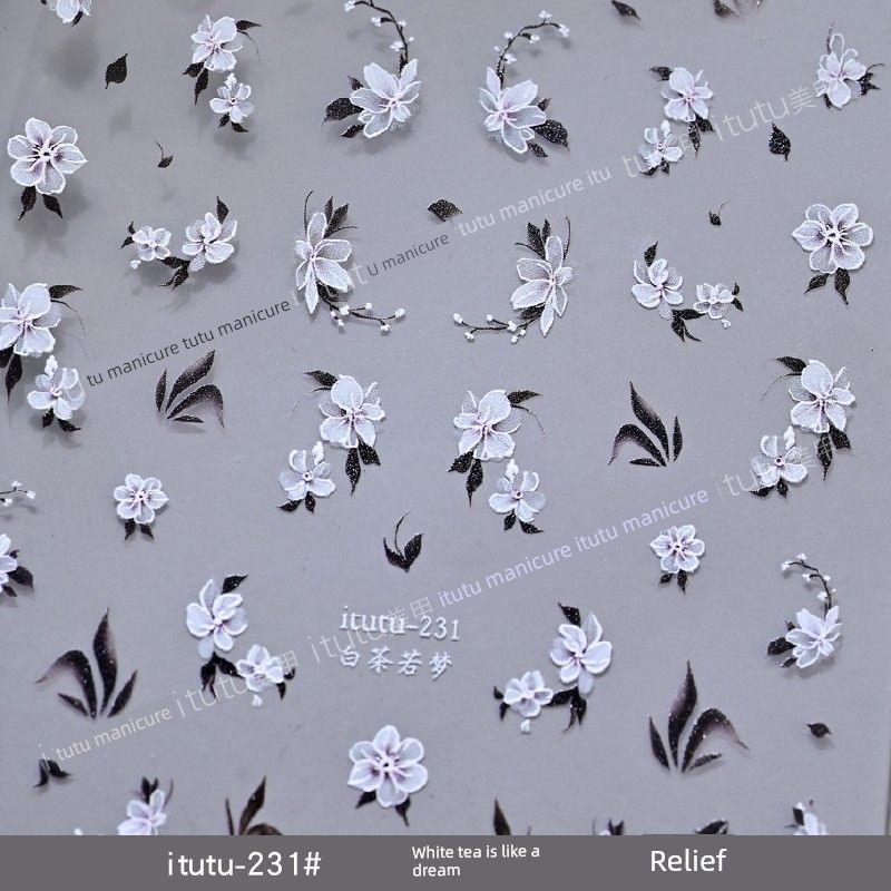 

New Arrival National Style Ink Black White Camellia Relief Nail Sticker Semi-Transparent Little Flowers Shell Light Adhesive Nail Sticker itutu-231# White Tea Ruomeng Relief