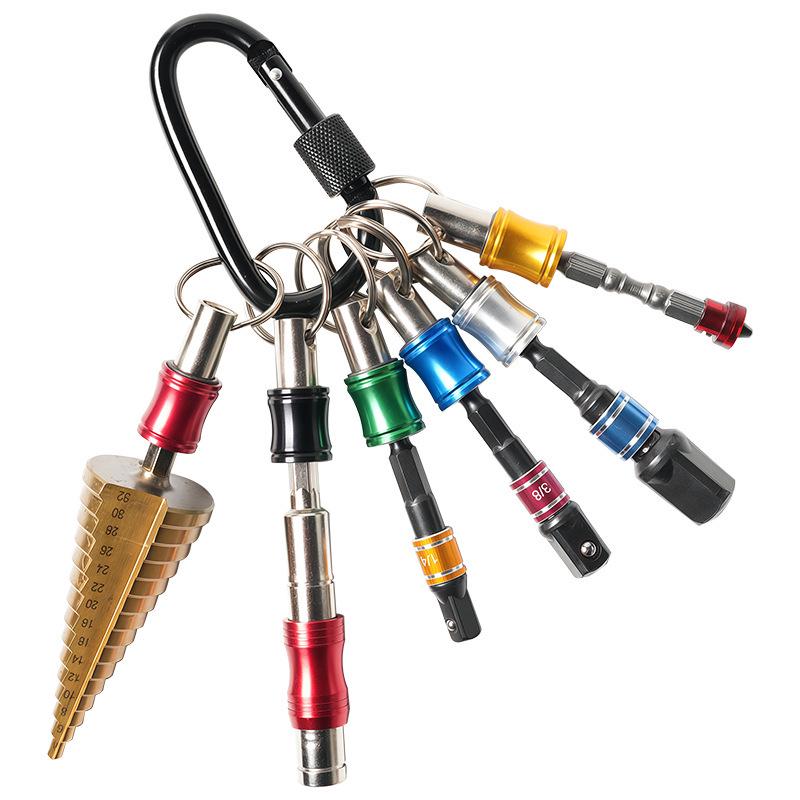 6-teiliges farbenfrohes Schlüsselanhänger-Verlängerungsstangen-Set mit Bergsteiger-Schnalle und 1/4" Sechskant-Bohrer-Aufbewahrung.