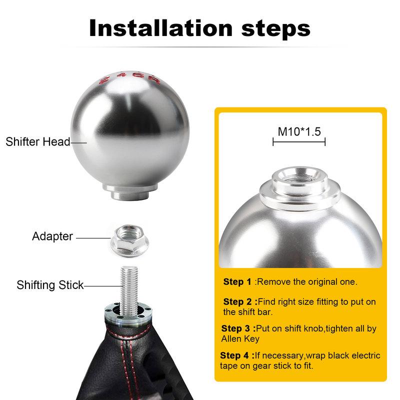 5/6 Speed Car Automatic Manual Gear Shift Knob with M10 Adapter Silvery Round Ball Stick Shift Heads Replacement Shifter