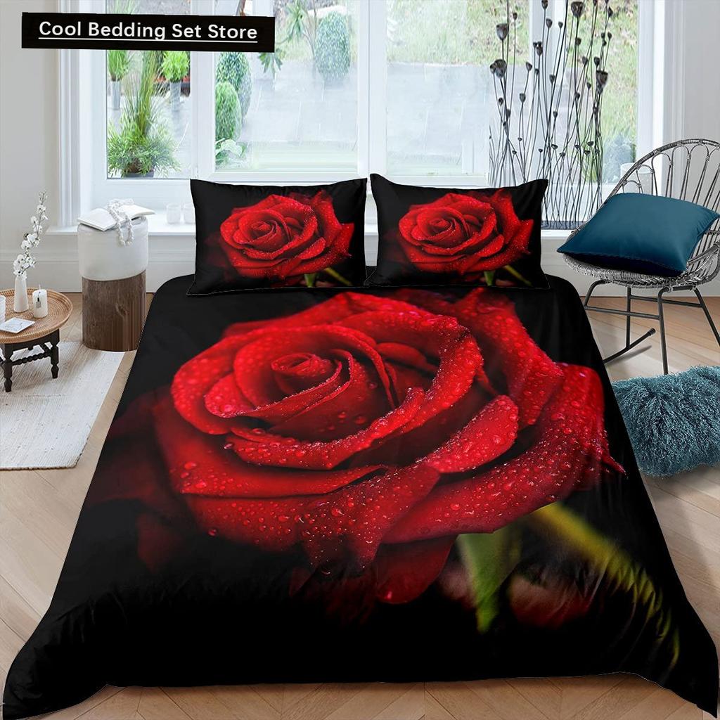 Valentine'S Day Rose King Queen Duvet Cover Red White Floral Bedding Set Romantic Flowers Quilt Cover Polyester Comforter Cover