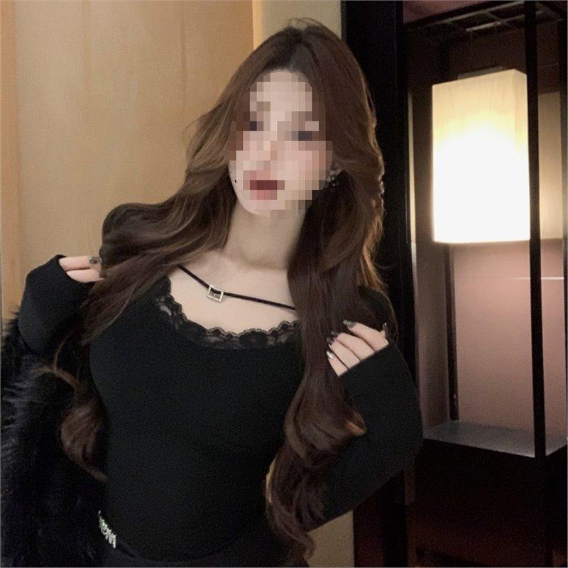 

Lace Black Slimming Long Sleeve Top for Women - Autumn/Winter Pure Desire Style XL чорний